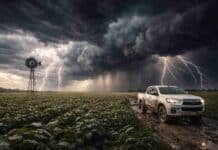 Se intensifican las tormentas: alerta naranja por lluvias de hasta 90 mm y granizo en varias provincias Tormenta severa sobre cultivo de soja con camioneta Toyota Hilux en camino rural embarrado y molino en el campo argentino