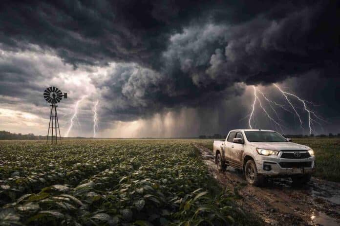 Tormenta severa sobre cultivo de soja con camioneta Toyota Hilux en camino rural embarrado y molino en el campo argentino