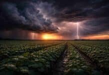 Fuerte frente activa lluvias de 100 mm y tormentas severas con granizo y ráfagas de 90 km/h Tormenta intensa con relámpagos sobre un campo de soja al anochecer, con lluvias fuertes avanzando sobre zona productiva agrícola