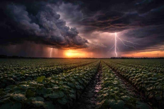 tormenta-soja-lluvias-intensas-relampagos-agro-ruralnet Tormenta intensa con relámpagos sobre un campo de soja al anochecer, con lluvias fuertes avanzando sobre zona productiva agrícola