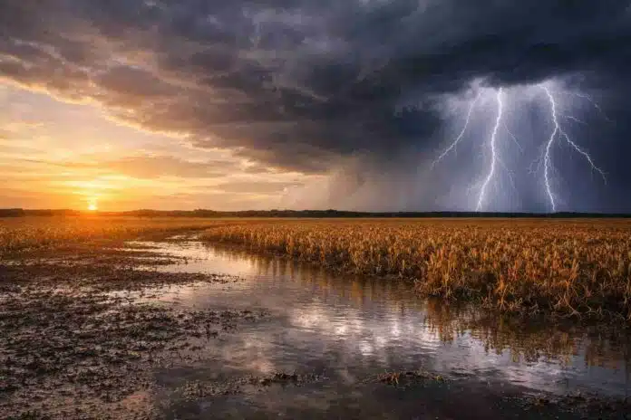 Relámpagos y lluvias intensas impactan sobre campo inundado mientras mejora el cielo en la zona núcleo