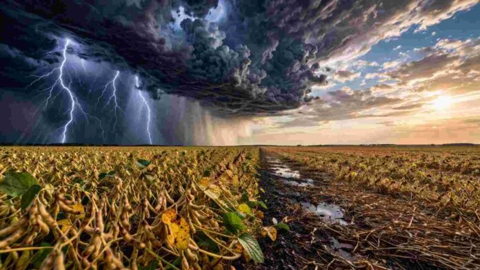 Tormentas fuertes con lluvias avanzan sobre soja lista para cosecha en la zona núcleo con contraste de clima seco y húmedo