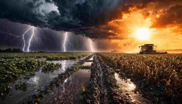 Tormentas con lluvias intensas y relámpagos sobre campo anegado contrastan con calor extremo y cosecha en la Pampa húmeda argentina