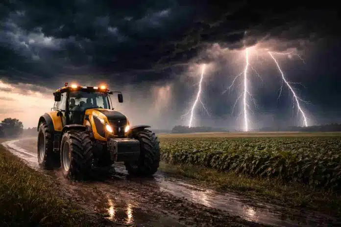 tormentas-lluvias-40-70mm-litoral-ruralnet Tormenta fuerte con lluvias intensas y relámpagos sobre un campo agrícola del Litoral argentino, con cultivo afectado por viento y precipitaciones abundantes