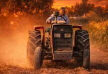 Salario rural sube en mayo con un aumento del 9% trabajador rural manejando un tractor en camino de tierra bajo un atardecer naranja intenso, con polvo en suspensión y ambiente seco en el campo argentino-aumento salarial