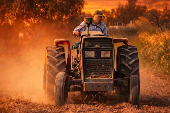 trabajador rural manejando un tractor en camino de tierra bajo un atardecer naranja intenso, con polvo en suspensión y ambiente seco en el campo argentino-aumento salarial