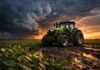 Se desploma el poder de compra en el agro: hoy se necesitan hasta 615 toneladas de maíz para comprar un tractor Tractor detenido en un campo de soja bajo cielo oscuro de tormenta al atardecer en la Pampa húmeda argentina, reflejando el impacto económico en el agro