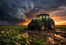 Se desploma el poder de compra en el agro: hoy se necesitan hasta 615 toneladas de maíz para comprar un tractor Tractor detenido en un campo de soja bajo cielo oscuro de tormenta al atardecer en la Pampa húmeda argentina, reflejando el impacto económico en el agro