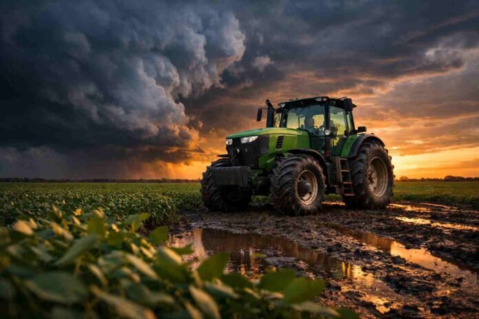 tractor-campo-crisis-costos-agro-ruralnet Tractor detenido en un campo de soja bajo cielo oscuro de tormenta al atardecer en la Pampa húmeda argentina, reflejando el impacto económico en el agro