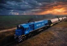 Más capacidad para el agro: el Belgrano Cargas suma 45 vagones en un momento clave Tren Belgrano Cargas transportando vagones de granos en zona rural bajo cielo tormentoso en Argentina.