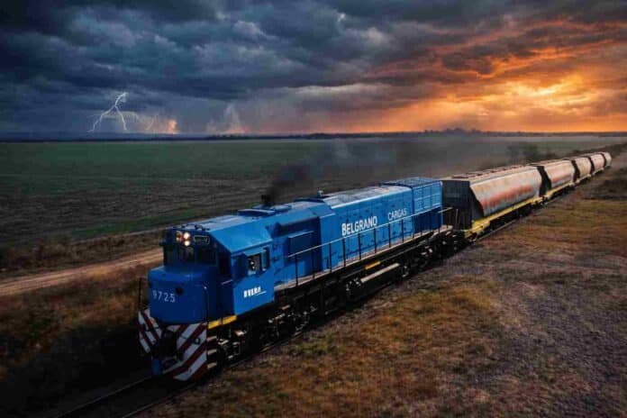 Tren Belgrano Cargas transportando vagones de granos en zona rural bajo cielo tormentoso en Argentina.