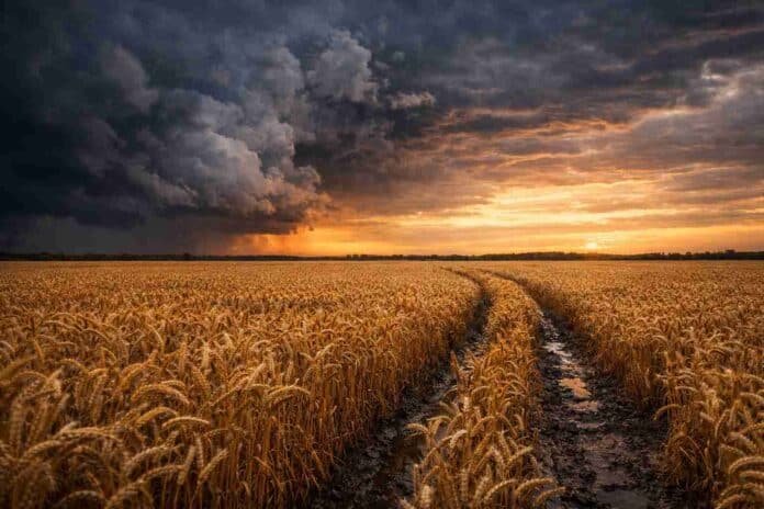 trigo-costos-gasoil-fertilizantes-crisis-agro-ruralnet Campo de trigo en la Pampa húmeda bajo cielo oscuro y amenazante, reflejando el aumento de costos por gasoil y fertilizantes en la producción agrícola argentina