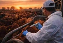 “Alerta en el campo: productores advierten riesgos por cambios en la vacunación contra la aftosa” Vacunación contra la fiebre aftosa en un rodeo bovino dentro de un corral, con animales en la manga y veterinario aplicando la dosis al amanecer.