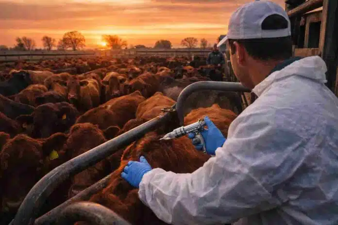 vacunacion-bovina-fiebre-aftosa-rodeo-corral-amanecer-ruralnet Vacunación contra la fiebre aftosa en un rodeo bovino dentro de un corral, con animales en la manga y veterinario aplicando la dosis al amanecer.