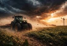 Alerta por viento complica al campo: ráfagas de hasta 110 km/h y Zonda activo en varias provincias Viento extremo golpea un campo argentino con ráfagas que superan los 100 km/h, un tractor detenido mientras el cultivo se inclina y el polvo vuela bajo un cielo oscuro y amenazante