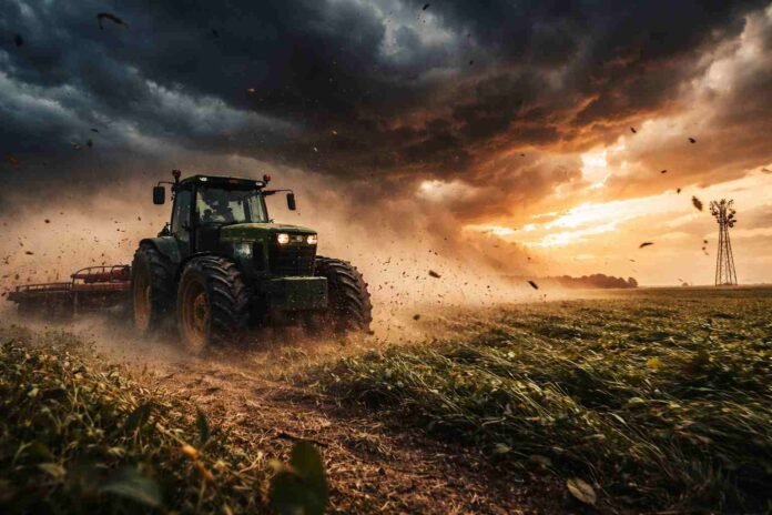 Viento extremo golpea un campo argentino con ráfagas que superan los 100 km/h, un tractor detenido mientras el cultivo se inclina y el polvo vuela bajo un cielo oscuro y amenazante
