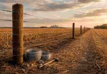 Alambrado de 7 hilos: se dispara en granos y cambia la ecuación frente al ganado Alambrado rural de siete hilos con postes de madera y rollos de alambre en campo argentino con rastrojo de soja al atardecer