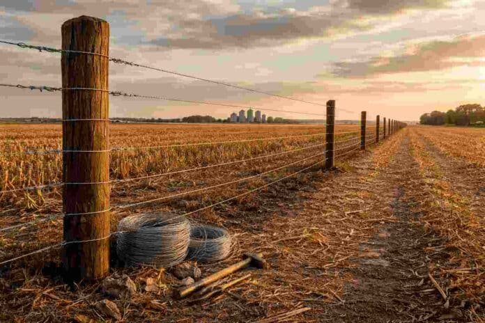 alambrado-7-hilos-campo-pampa-humeda-costos-ruralnet Alambrado rural de siete hilos con postes de madera y rollos de alambre en campo argentino con rastrojo de soja al atardecer