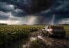 Alerta por tormentas y lluvias: 70 mm, granizo y ráfagas impactan en 8 provincias Tormenta intensa con relámpagos potentes y lluvias avanzando sobre un campo de soja seco listo para cosecha, con caminos embarrados y una camioneta encajada en la Pampa húmeda argentina.
