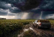 Alerta por tormentas y lluvias: 70 mm, granizo y ráfagas impactan en 8 provincias Tormenta intensa con relámpagos potentes y lluvias avanzando sobre un campo de soja seco listo para cosecha, con caminos embarrados y una camioneta encajada en la Pampa húmeda argentina.