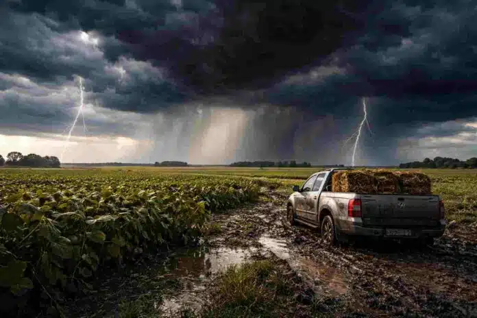Tormenta intensa con relámpagos potentes y lluvias avanzando sobre un campo de soja seco listo para cosecha, con caminos embarrados y una camioneta encajada en la Pampa húmeda argentina.