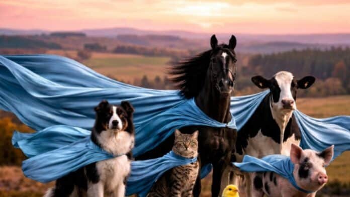 Animales de granja en paisaje rural con cielo al atardecer en entorno productivo
