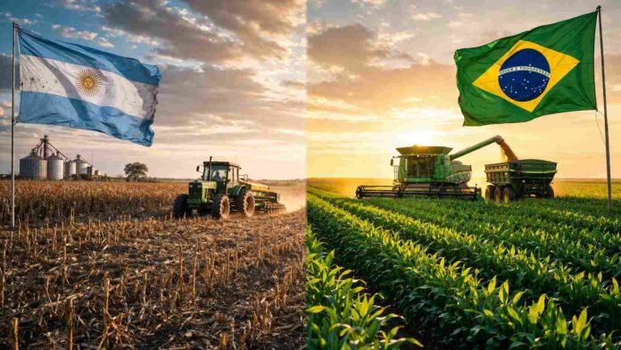Escena dividida de campos agrícolas que compara Argentina y Brasil, con maquinaria trabajando y diferencias en desarrollo productivo entre ambos países.
