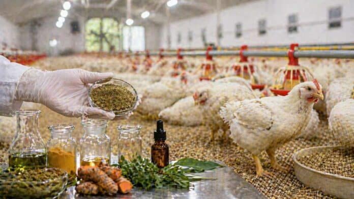 Granja avícola con pollos y compuestos naturales utilizados en alimentación para mejorar salud intestinal