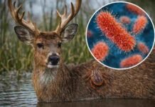 Detectan bacteria zoonótica en garrapatas: primer caso con transmisión activa en fauna silvestre argentina Ciervo de los pantanos con presencia de garrapata y representación de la bacteria Ehrlichia chaffeensis, ilustrando el riesgo de transmisión zoonótica en Argentina