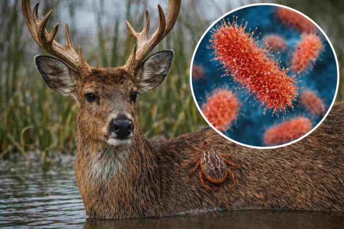 bacteria-ehrlichia-chaffeensis-ciervo-pantanos-garrapata-argentina-ruralnet Ciervo de los pantanos con presencia de garrapata y representación de la bacteria Ehrlichia chaffeensis, ilustrando el riesgo de transmisión zoonótica en Argentina