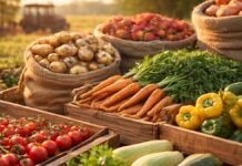 Se amplía la brecha: el consumidor pagó $3,76 por cada $1 al productor y vuelve la presión sobre el agro Producción de frutas y verduras en campo argentino con mercadería fresca, representando la brecha de precios entre origen y góndola