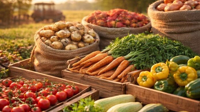 Producción de frutas y verduras en campo argentino con mercadería fresca, representando la brecha de precios entre origen y góndola