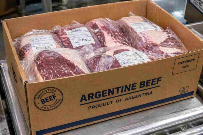 Caja de carne vacuna argentina para exportación con cortes envasados al vacío en planta frigorífica