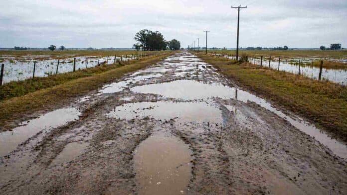 Camino rural deteriorado con barro y agua acumulada tras lluvias intensas en zona agrícola argentina