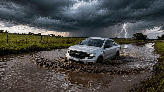 Pickup atravesando un camino rural inundado con barro y agua bajo cielo de tormenta con relámpagos, mostrando el impacto de las lluvias en la logística del campo