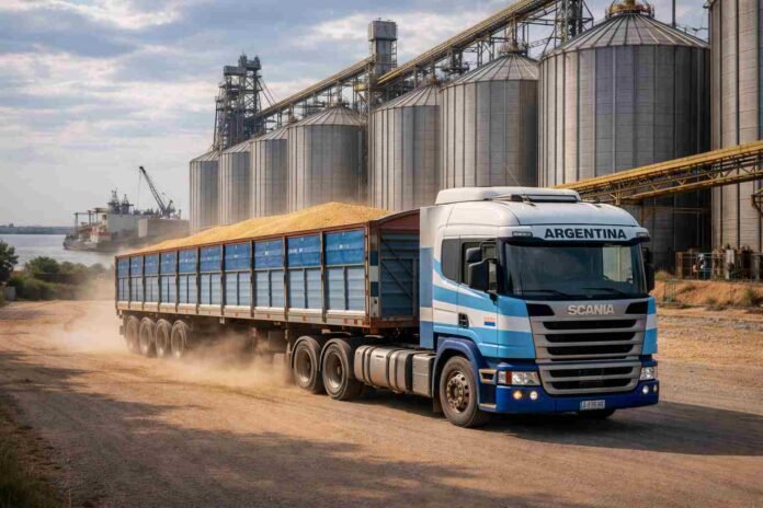 Camión Scania transportando granos en el puerto de Rosario con silos de almacenamiento de fondo, reflejando el impacto del costo logístico en el agro argentino
