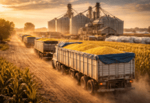 Récord histórico: las DJVE alcanzaron 12,6 Mt en marzo y marcan un salto del 71% Fila de camiones cargados con maíz saliendo de planta de acopio con silos al fondo durante operación de alto volumen de exportación en Argentina