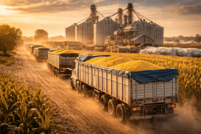 Fila de camiones cargados con maíz saliendo de planta de acopio con silos al fondo durante operación de alto volumen de exportación en Argentina