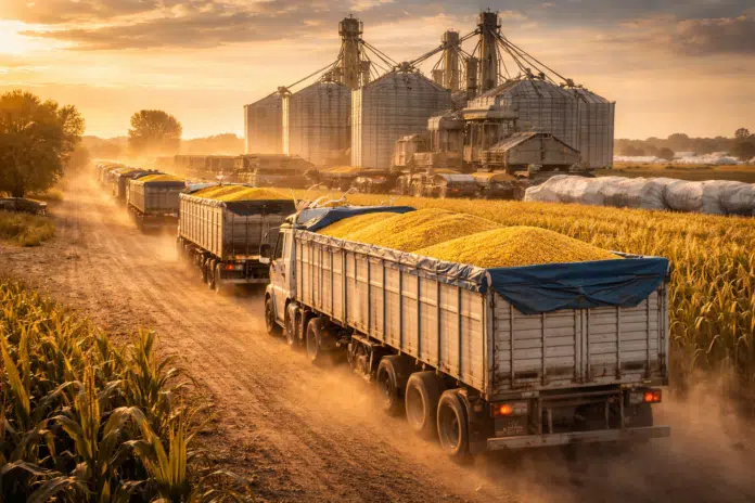 Fila de camiones cargados con maíz saliendo de planta de acopio con silos al fondo durante operación de alto volumen de exportación en Argentina