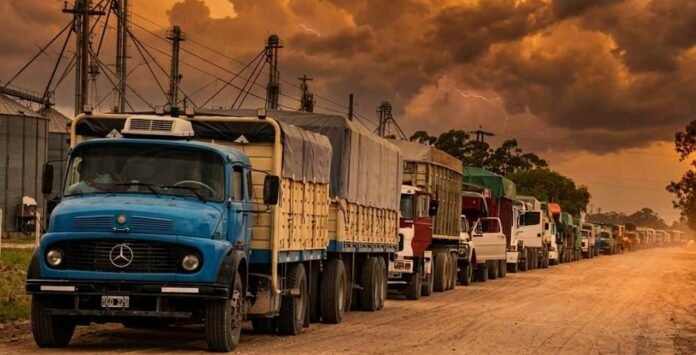 camiones-puerto-bahia-blanca-atardecer-naranja-1200px-ruralnet Fila de camiones cerealeros en acceso al puerto de Bahía Blanca bajo cielo de atardecer con tonos naranja, en un contexto de reactivación de la logística agroindustrial.