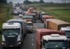 Colapso en plena cosecha: casi 2 millones de camiones saturan rutas y activan un operativo de $100 millones Larga fila de camiones detenidos sobre una ruta rural durante la cosecha, con congestión logística y tránsito saturado en una zona productiva de Santa Fe.