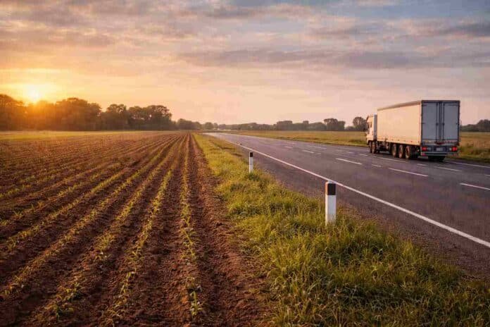 Campo agrícola sembrado junto a una ruta nacional en Argentina, representando el uso productivo de tierras ociosas a la vera del camino