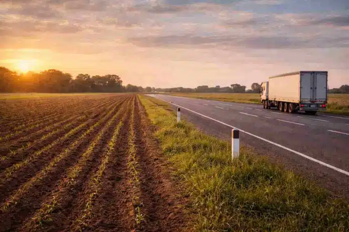 Campo agrícola sembrado junto a una ruta nacional en Argentina, representando el uso productivo de tierras ociosas a la vera del camino