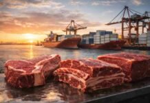 Carne argentina: récord de exportaciones y cambio de destinos con fuerte avance de EE.UU. e Israel Cortes de carne vacuna argentina premium en primer plano con puerto y contenedores de exportación al fondo al amanecer