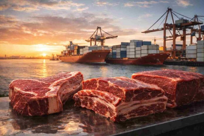 Cortes de carne vacuna argentina premium en primer plano con puerto y contenedores de exportación al fondo al amanecer
