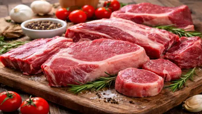 Cortes de carne de burro presentados sobre tabla de madera, alternativa cárnica en la Patagonia con precio más bajo que la carne vacuna