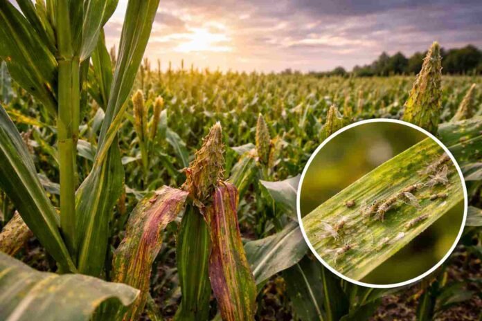 chicharrita-maiz-dalbulus-maidis-lote-afectado-ruralnet Cultivo de maíz con daño foliar y presencia de chicharrita Dalbulus maidis sobre hojas, reflejando el aumento de la plaga en distintas regiones productivas.