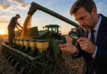 El Gobierno propone un nuevo sistema de control de semillas para mejorar la fiscalización Carga de semillas en sembradora en campo argentino mientras un hombre inspecciona granos con lupa, representando controles y fiscalización en el sistema de semillas