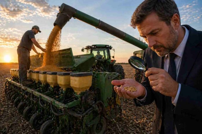 Carga de semillas en sembradora en campo argentino mientras un hombre inspecciona granos con lupa, representando controles y fiscalización en el sistema de semillas