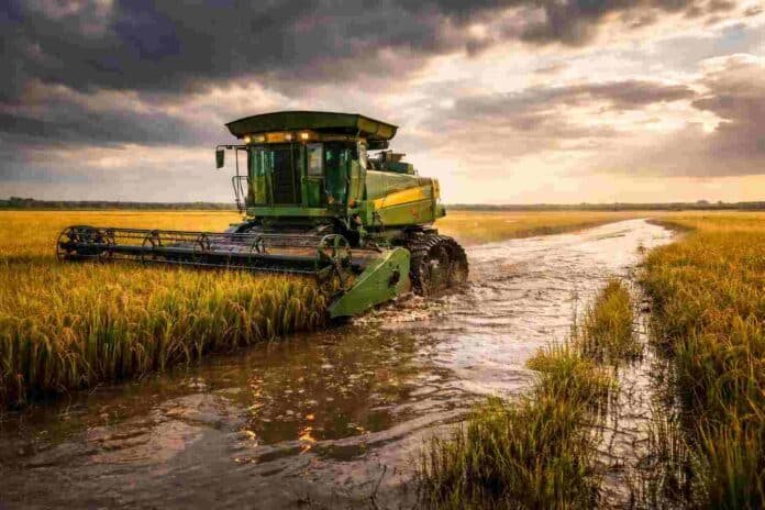 Cosechadora de arroz trabajando en campo inundado en Entre Ríos con agua y barro durante la cosecha mecanizada